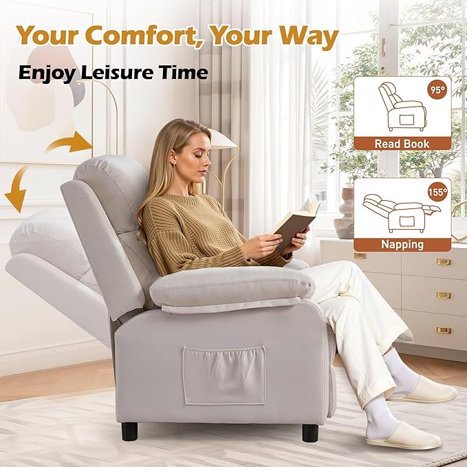 Korser Recliner Chair, Living Room Chairs for Adults, Padded Deep Seat Reading Chair with Side Pockets, Small Recliners for Small Spaces, Lounge Chair for Living Room, Bedroom, and RV (Linen)