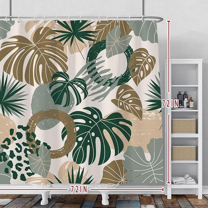 Baocicoo Bohemian Monstera Leaves Boho Floral Shower Curtain Decorative for Bathroom Cubicle Bathtub Waterproof Fabric Vacation Style with Hooks 72x72 Inches