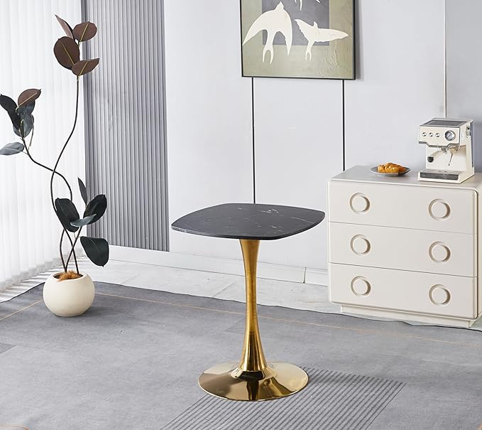 23.62 inches Square Side Table for 2, Special Kitchen Table with Tulip Shape & Metal Pedestal Base, Mid Century Modern Bistro Tulip Table for Bar, Small Space, Cafe