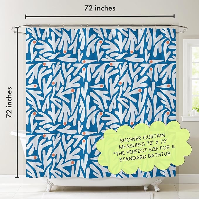 Matisse Blue and White Boho Modern Fabric Shower Curtain, Abstract Floral Art Shower Curtain, 72x72 Inches (Matisse)