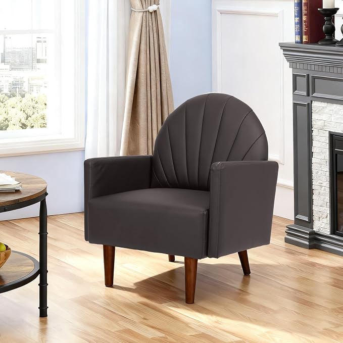 Mid-Century Accent Chair, Faux Leather Armchair - Shell-Shaped Back Waterproof PU Leather Modern Retro Lounge Chair for Living Room, Office, Bedroom & Waiting Room
