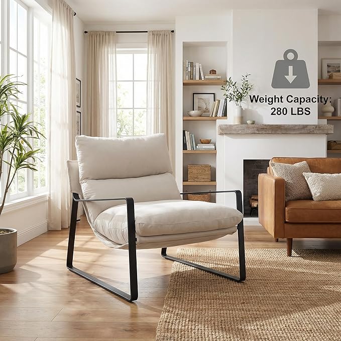 LukeAlon Modern Linen Accent Armchair, Upholstered Soft Living Room Chair with Metal Base Removable Thickened Cushion Single Sofa Chair Comfy Lounge Chair for Bedroom Living Room, White