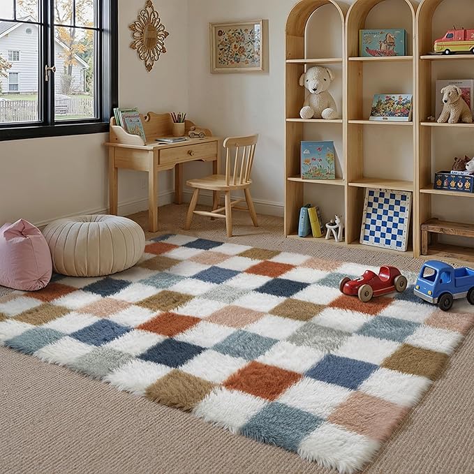 Checkered Rug 3x5 for Living Room, Modern Rainbow Shag Rug Super Soft Washable Indoor Fuzzy Carpet Non-Slip Fluffy Rugs for Bedroom Home Aesthetic Decor