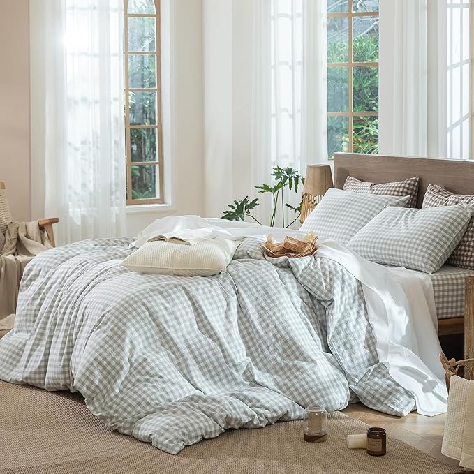 MooMee Gingham Duvet Cover Set 100% Washed Cotton Linen Like Textured Breathable Durable Soft Comfy Modern Checkered Design (Northern Droplet Grey Gingham, Full 80"x90")