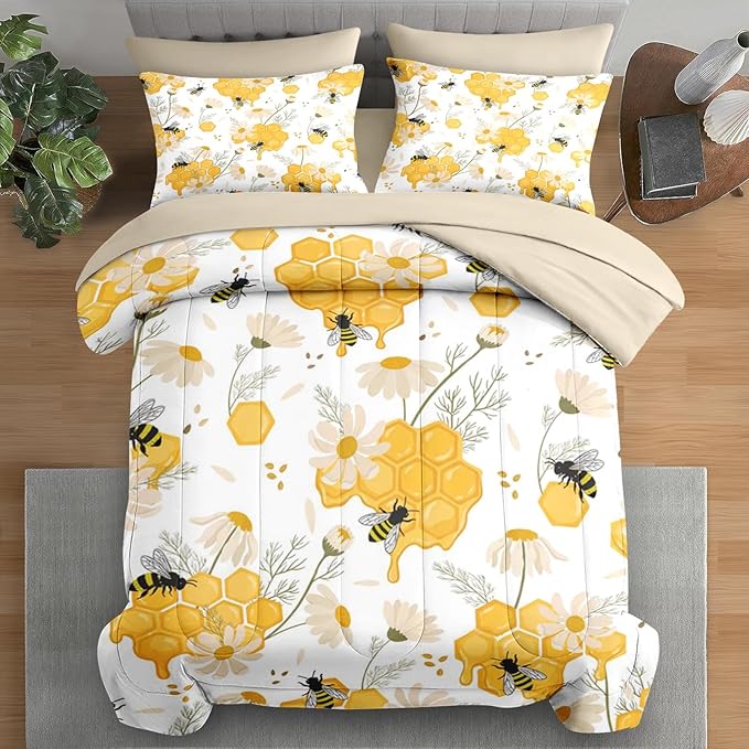 Pamnest Comforter Set King Size, Bees Honey Flower 7 Pcs Bedding for Kids and Adults, Spring Floral Summer Bed Sheet Sets with Fitted Sheet 2 Pillowcases & 2 Shams for Bedroom Bed Decor