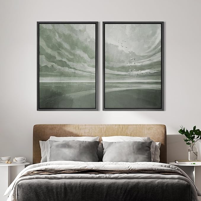 IDEA4WALL Framed Canvas Print Wall Art Set Green Horizon with Birds Serene Landscape Sky Illustrations Modern Art Decorative Bohemian Calm/Zen for Living Room, Bedroom, Office - 16"x24"x2 Black