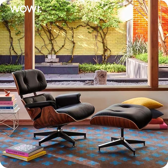 Top Black Grain Leather, Mid Century Chaise Lounge Chair and Ottoman, Modern Chair Classic Design, Palisander Wood, Heavy Duty Base Support for Living Room Office