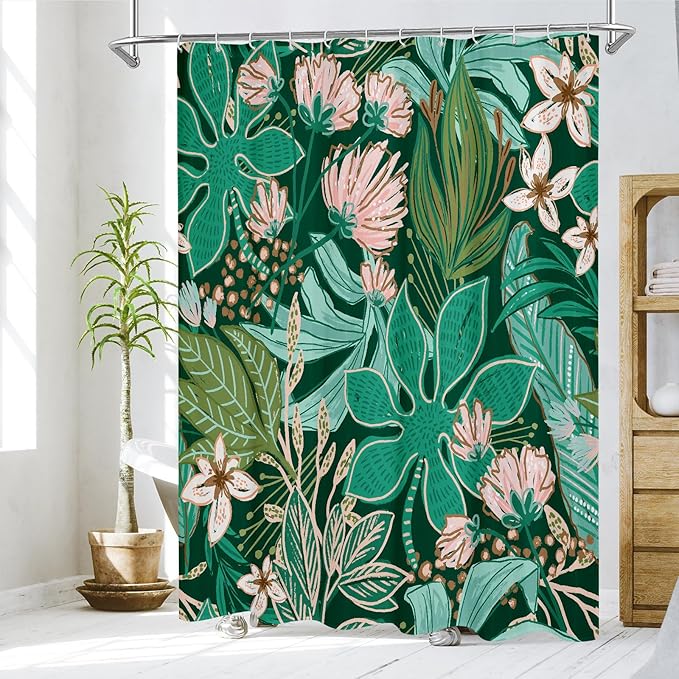 MitoVilla Boho Floral Green Shower Curtain, Spring Flower Shower Curtains for Rustic Vintage Bathroom Decor, Chic Elegant Fabric Cloth Shower Curtain, Summer Tropical Leaves, 72x72