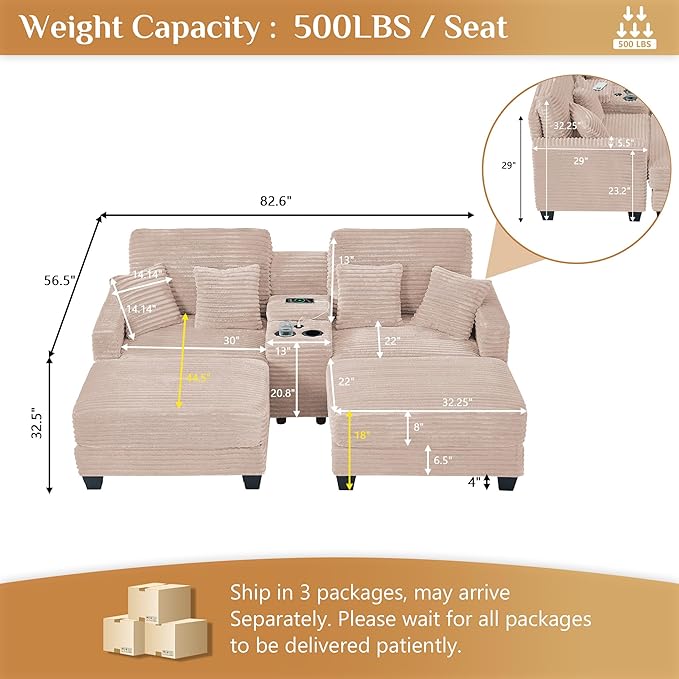 Oversized Chaise Lounge Chair Indoor with Storage & USB, Cup Holder & Ottoman, Firm Solid Wood Frame with Long Service Life Corduroy Oversized Lounge Reading Chair for Large Study Room - Pink