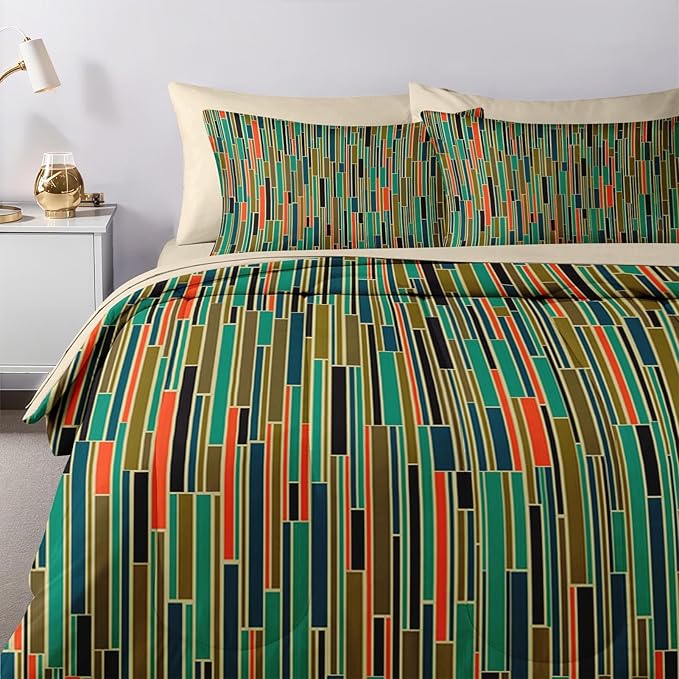 Nesker Comforter Set Twin Size, Mid Century Geometric Retro 5 Pcs Bedding for Kids and Adults, Stripe 50S Vintage Bed Sheet Sets with Fitted Sheet Pillowcase & Sham
