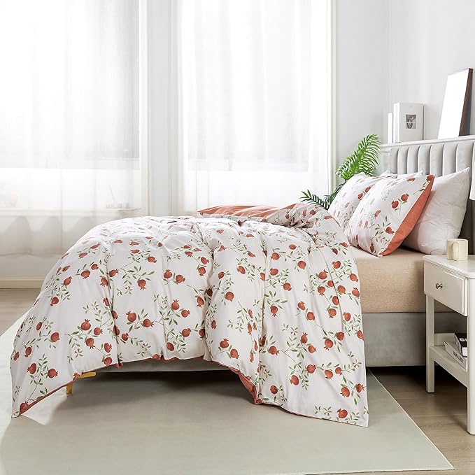 HoneiLife Fruits Duvet Cover King - 100% Cotton Comforter Cover 3-PC, Botanical Bedlinen Set with Zipper Closure & Corner Ties, Pomegranate Comforter Cover Sets