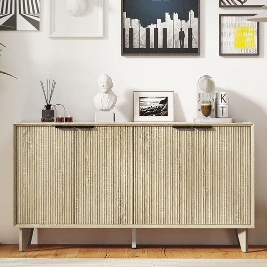 Fluted Cabinet with Storage, Buffet Storage with 4 Doors, Buffet Sideboard Accent Cabinet with Adjustable Shelves for Living Room, Kitchen, Entry, Hallway, Natural