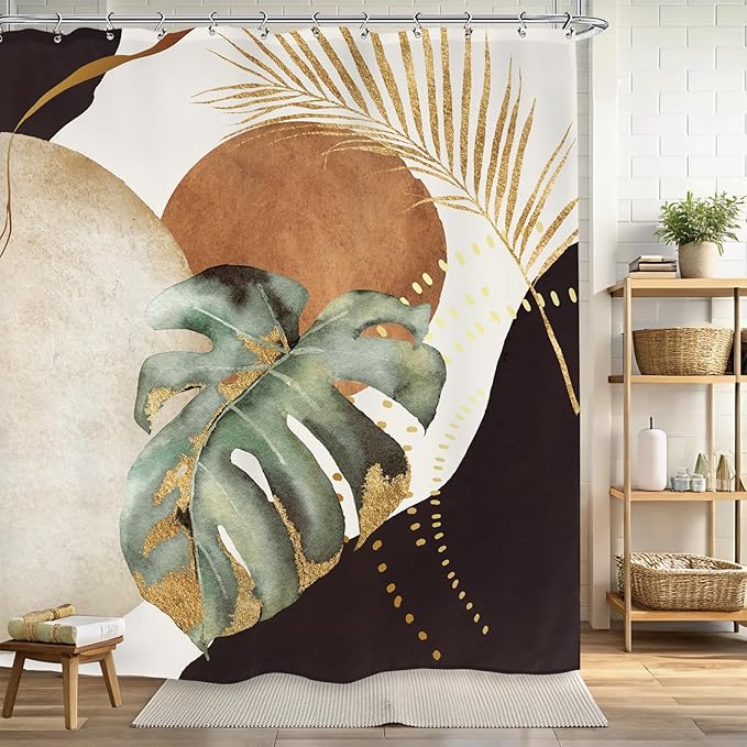 Yookeb Abstract Mid Century Bathroom Shower Curtain 60W by 71H Inch Modern Plant Neutral Minimalist Brown Leaves Aesthetic Polyester Fabric 12 Plastic Hooks Waterproof Decor