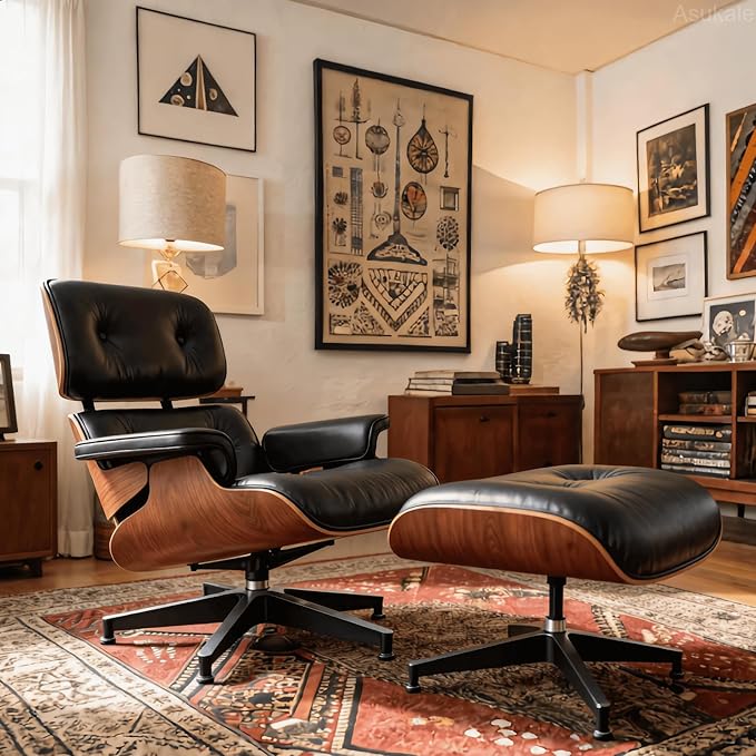 Top Black Grain Leather, Mid Century Chaise Lounge Chair and Ottoman, Leather Accent Chair, Modern Chair, Classic Design, Heavy Duty Base Support for Living Room Lounge Office, Walnut, Heightening