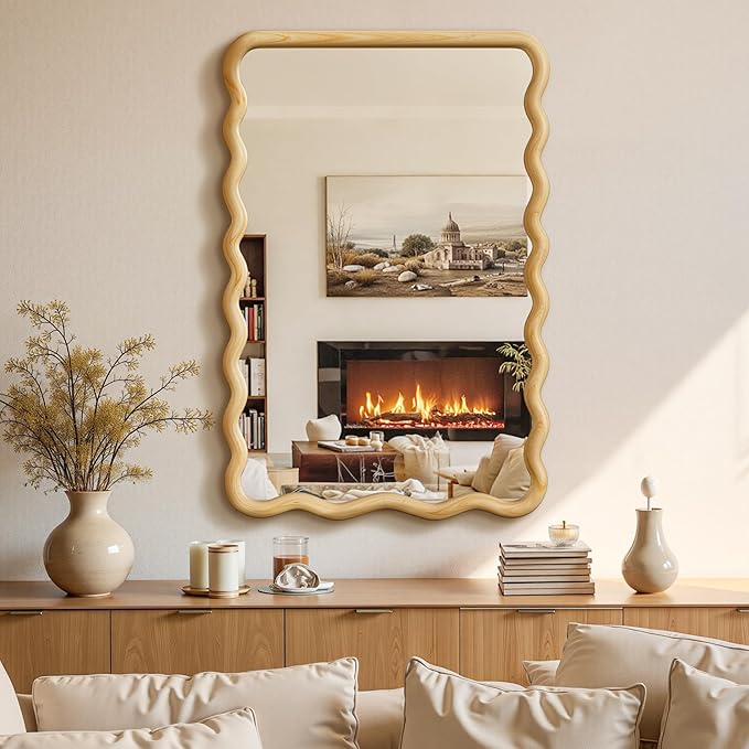 TRAHOME 24x36 Wavy Wood Bathroom Vanity Mirror, Boho Wall Mirror with Natural Wood Frame for Over Sink, Entryway, Bedroom