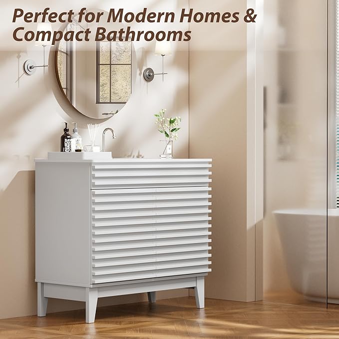 APRILSOUL 36" Bathroom Vanity with Ceramic Sink, Mid-Century Bathroom Vanity Cabinet with 2 Soft Closing Doors, Freestanding Bathroom Cabinet, Particleboard Frame with Wood Grain Laminate, White
