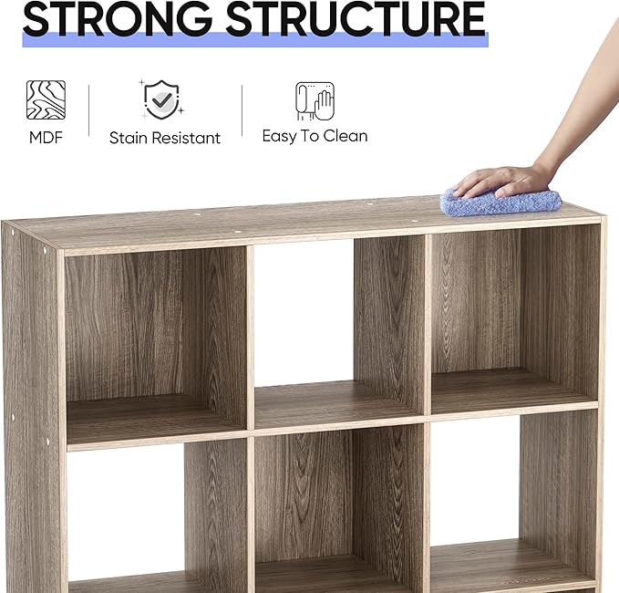 SUPER DEAL 9 Cube Open Shelf Bookcase, 3 x 3 Storage Organizer Shelf with 5 Removable Back Panels Wood Bookshelf System Display Rack for Home, Office, Bedroom, Living Room, Oak