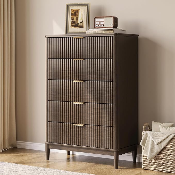 LINSY HOME Fluted Dresser for Bedroom with 5 Drawers, 46" Tall Mid Century Modern Dressers, Wide Boho Chest of Drawer, Large Wood Accent Storage Cabinet for Living Room, Curved Profile Design, Walnut