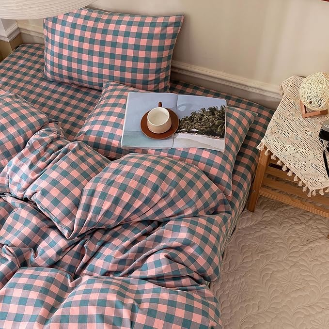 mixinni Pink Blue Purple Checkered Duvet Cover Set - Full Size, 3-Piece 100% Cotton Bedding Set, Soft & Breathable Geometric Plaid with Zipper Closure, Reversible Comforter Cover for All Seasons