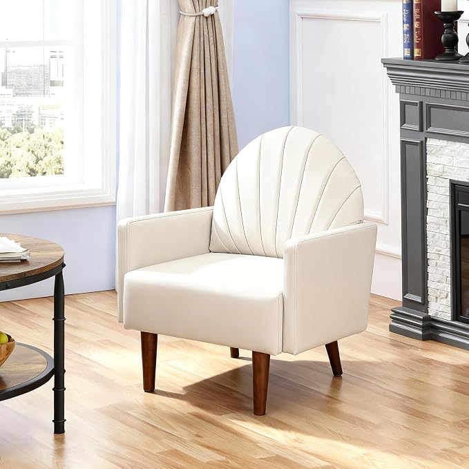 Mid-Century Accent Chair, Faux Leather Armchair - Shell-Shaped Back Waterproof PU Leather Modern Retro Lounge Chair for Living Room, Office, Bedroom & Waiting Room