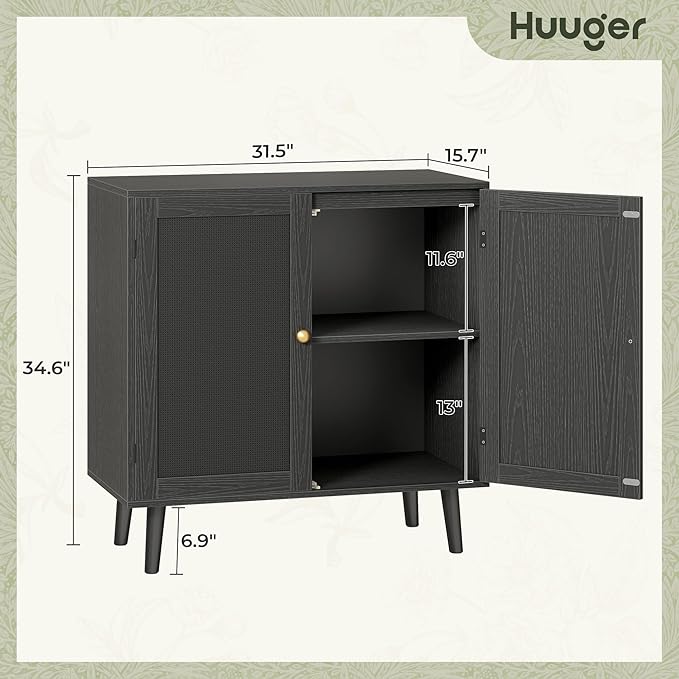 Huuger Buffet Cabinet with Storage, Storage Cabinet with PE Rattan Decor Doors, Accent Sideboard Buffet with Solid Wood Feet, for Hallway, Entry, Living Room, All Black