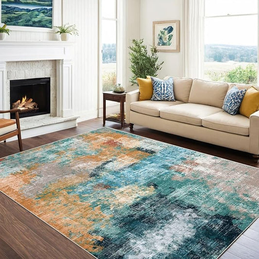 vivorug 9x12 Area Rugs for Living Room, Non Slip Machine Washable Modern Abstract Rug, Ultra-Thin Lightweight Large Area Rug Carpet for Bedroom, Dining Room, Low Pile, Rosy Clouds