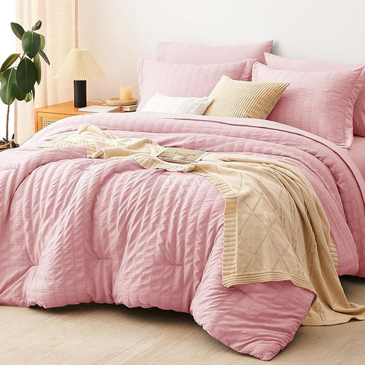 CozyLux Full Size Comforter Sets Pink, 7 Pieces Seersucker Textured Luxury Bed in a Bag, All Seasons Soft Bedding Sets with Down Alternative Comforter, Sheets, Pillowcases & Shams, Home Gift