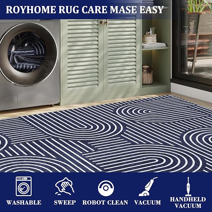 Modern Rug 2.5x8 Runners for Hallways, Abstract Kitchen Runner Rugs Non Slip Bath Runners, Rainbow Washable Runner Rug for Bedroom, Soft Long Rugs for Entryway Bathroom Laundry Dorm, Blue