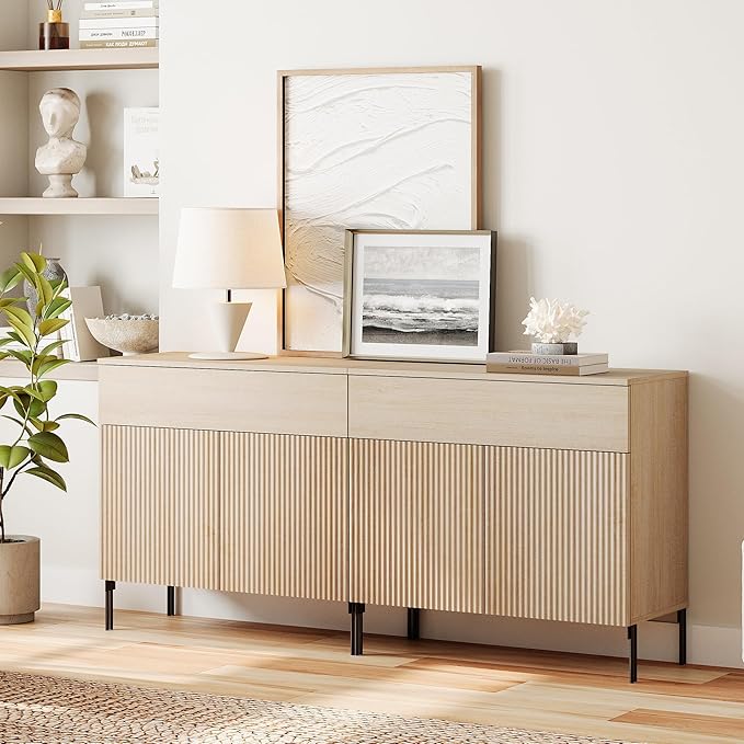 WAMPAT 63" W Large Sideboard Buffet Cabinet with Storage, 2 in 1 Fluted Sideboard Buffet with 4 Doors, Wooden Buffet Table, Coffee Bar Wine Bar Cabinet for Kitchen, Dining Room, Living Room, Beige