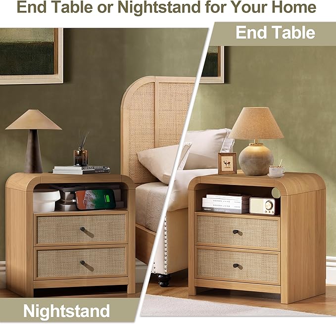 Oak&Sparrow Rattan Nightstand, 23.6'' Rattan End Table with Ample Storage, Boho Nightstand with Charging Station, Thickened Curved Profile Design, Oak Nightstands for Living Room, Bedroom