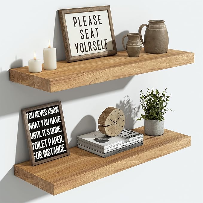 Vivelove Elm Floating Shelves for Wall Solid Wood, 24 Inches Long Rustic Wall Shelf with Invisible Bracket for Living Room Bedroom Bathroom Office Book, Farmhouse Display Shelf, Set of 2 - Natural