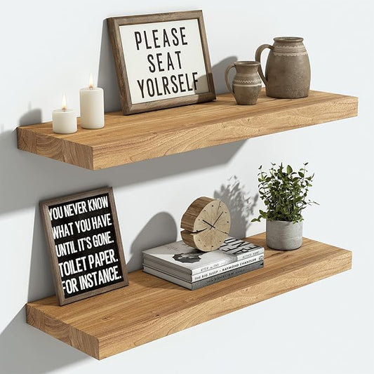 Vivelove Elm Floating Shelves for Wall Solid Wood, 24 Inches Long Rustic Wall Shelf with Invisible Bracket for Living Room Bedroom Bathroom Office Book, Farmhouse Display Shelf, Set of 2 - Natural