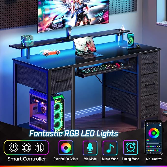 Seventable Computer Desk 55.1" with LED Lights & Power Outlets, Home Office Desk with 4 Drawers, Writing Desk with Keyboard Tray, Study De sk with Monitor Stand, Work for Home Office, Black