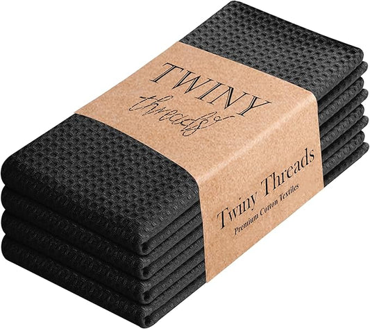 TWINY threads Waffle Kitchen Towel 4 Pack, 16x26 Inches, Premium 100% Cotton Dish Cloths Set with Hanging Loop, Absorbent, Quick Drying Cloths for Drying Dishes, Machine Washable, Black