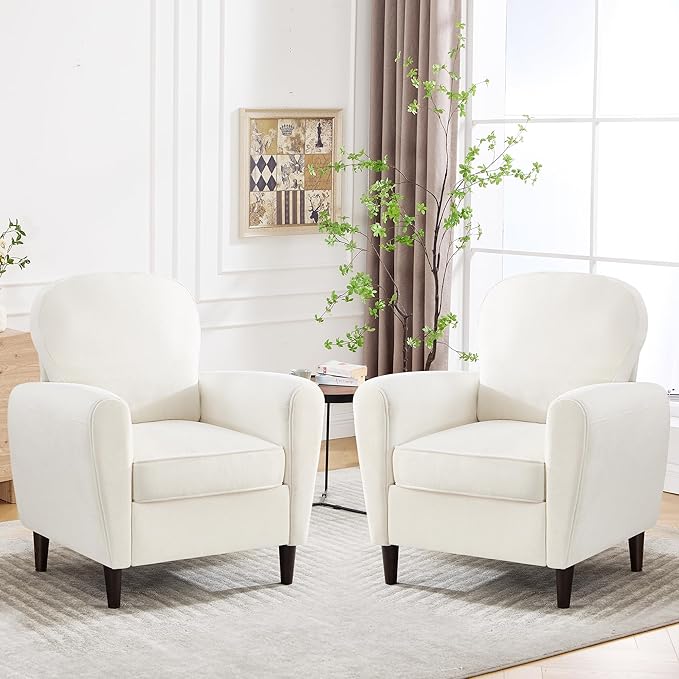Accent Chair Set of 2, Mid Century Modern Arm Chair with Thick Cushion and Back, Comfy Upholstered Reading Chair Single Sofa Chair for Living Room, Bedroom, Club, Beige