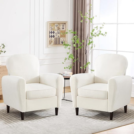 Accent Chair Set of 2, Mid Century Modern Arm Chair with Thick Cushion and Back, Comfy Upholstered Reading Chair Single Sofa Chair for Living Room, Bedroom, Club, Beige