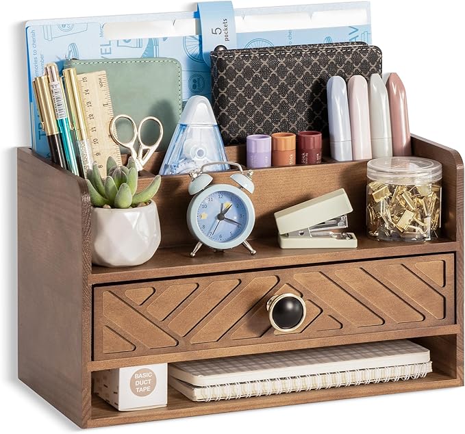 dreampossible Brown Wood Desk Organizer and Accessories with Drawer, Bill Mail Organizer and File Mail Holder for Office Supplies, Desk Accessories & Workspace Organizers