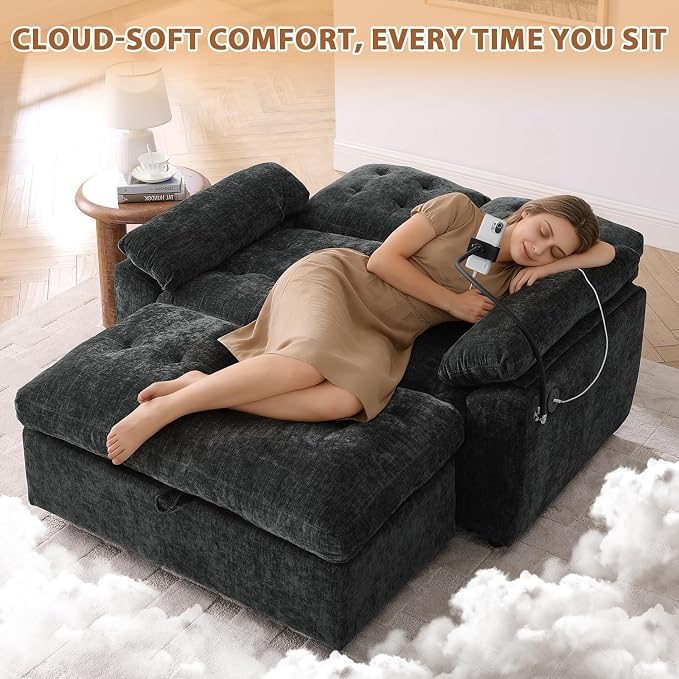 Oversized Chaise Lounge Chair Indoor, Double Convertible Recliner Reading Arm Sofa Chair W/Adjustable Backrest & Charging Port Couch Bed for Living Room, Home Theater & Bedroom, Black
