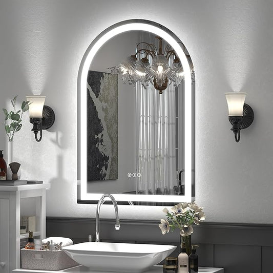 Arched LED Bathroom Mirror 22x32 Inch, Dimmable Backlit and Frontlit Vanity Mirror, Arched Illuminated Mirror, Shatter-Proof, Anti-Fog, 3 Colors, Memory, ETL Listed