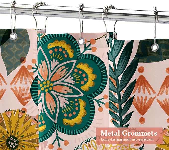 MitoVilla Long Boho Shower Curtain Set 72 x 78, Modern Spring Floral Chic Shower Curtains 78 inch Long for Elegant Bathroom Decor, Summer Colorful Fabric Flower Shower Curtain