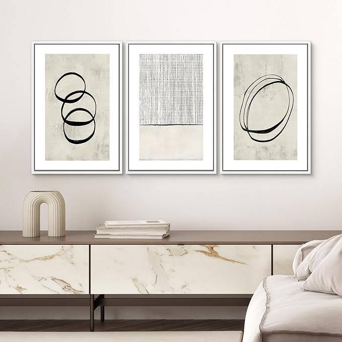SIGNWIN Framed Canvas Print Wall Art Set Geometric Ring Grid Landscape Graffiti & Street Art Abstract Cozy Neutral Modern Art Decorative Nordic for Living Room, Bedroom, Office - 24"x36"x3 White