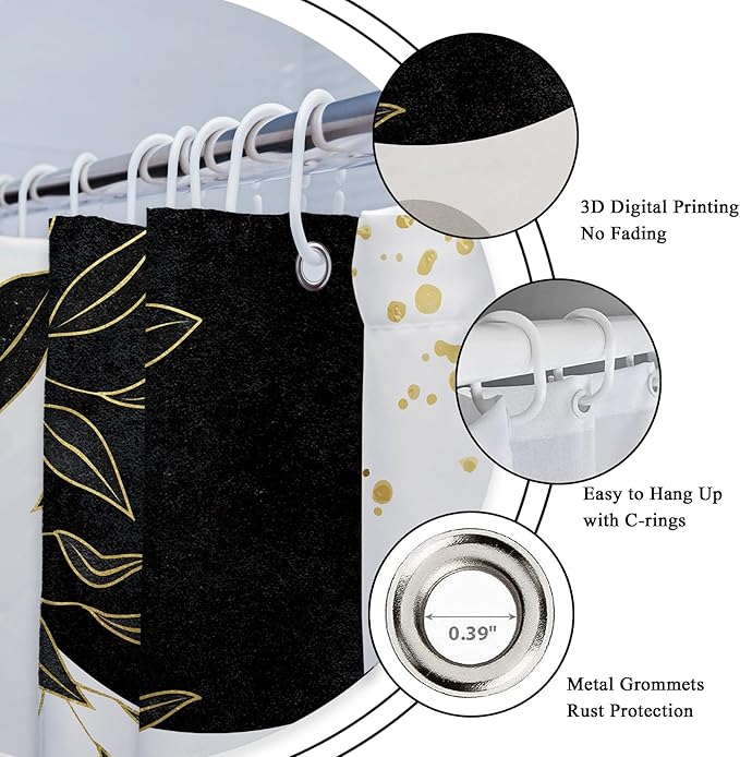 Riyidecor Black Gold Extra Long Shower Curtain for Bathroom Decor 72Wx84H Boho Mid Century Modern Abstract Gold Leaves Minimalist Geometric Art Printed Fabric Polyester Waterproof 12 Pack Plastic Hook