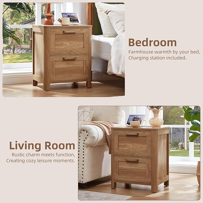 Farmhouse Nightstand with Charging Station, End Tables Bedroom with 2 Large Drawers & 4 Thickened Table Legs, Dark Wood