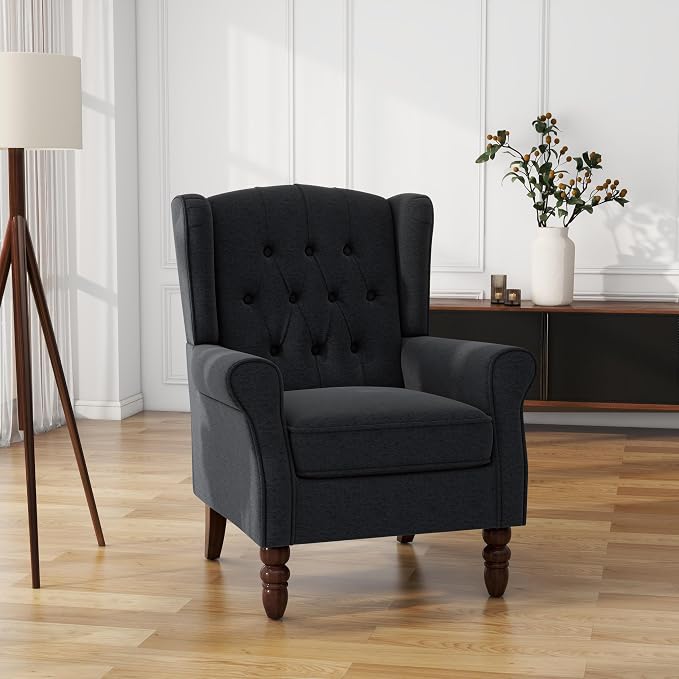 High Back Accent Chairs Set of 2, Upholstered Armchair in Fabric, Retro Wingback Arm Chair for Living Room, Comfy Single Sofa Bedroom Reading Seat with Solid Wood Legs - Black Blue
