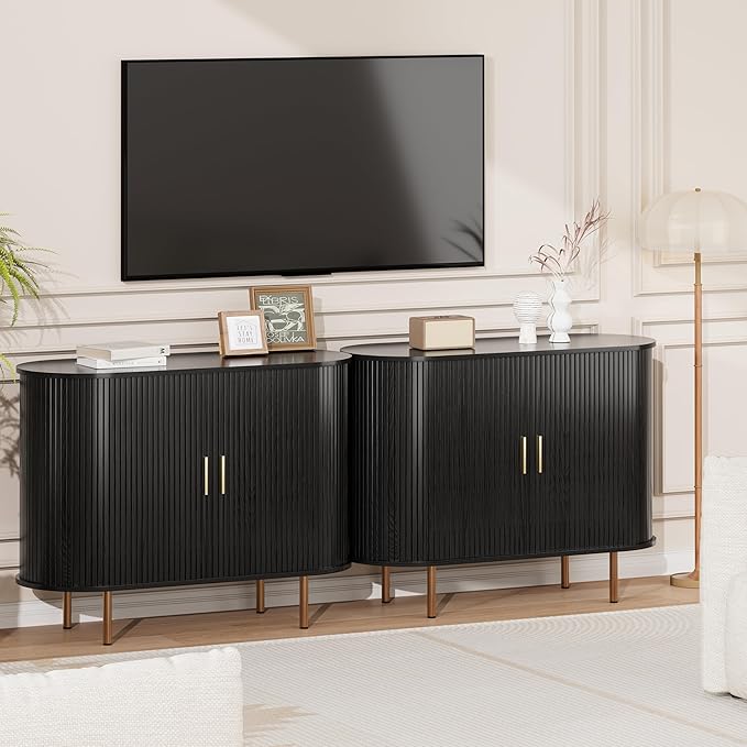DHH Sideboard Buffet Cabinet with Storage,Mid Century Modern Fluted Accent Coffee Bar Console Table,Tambour Sliding Doors& Adjustable Shelf for Kitchen, Living Room, Entryway (Black, 40 Inch)