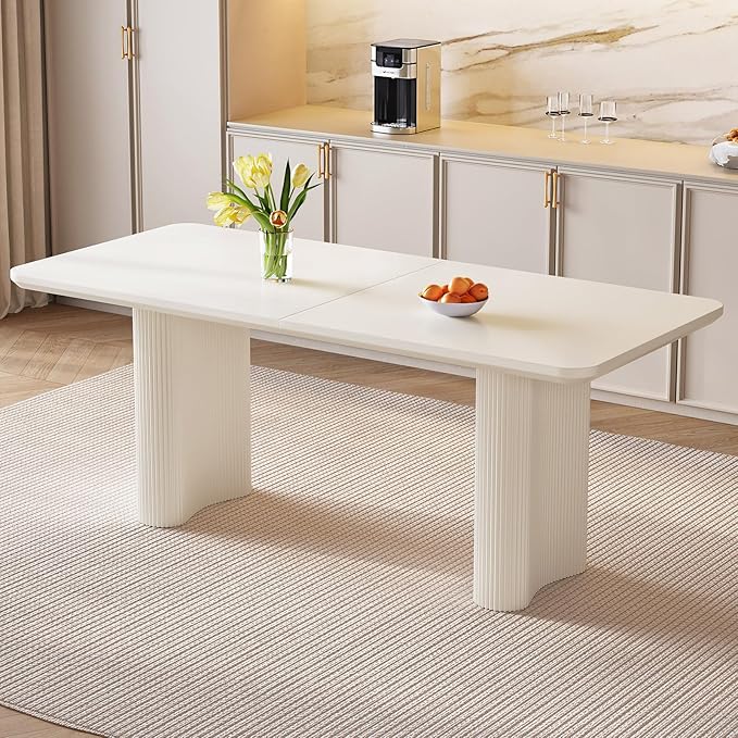 62.99" Rectangular Dining Table for 6, 6 Seat Dinner Table with Thick Top and Wave Shaped Legs for Kitchen, Living Room, White