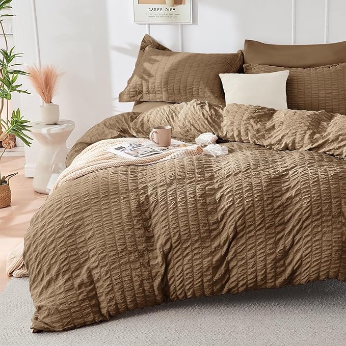 HYMOKEGE Brown Twin Comforter Set Seersucker 5 Pieces, All Season Luxury Bed in a Bag for Bedroom, Bedding Set with Comforter, Sheets, Pillowcase & Sham
