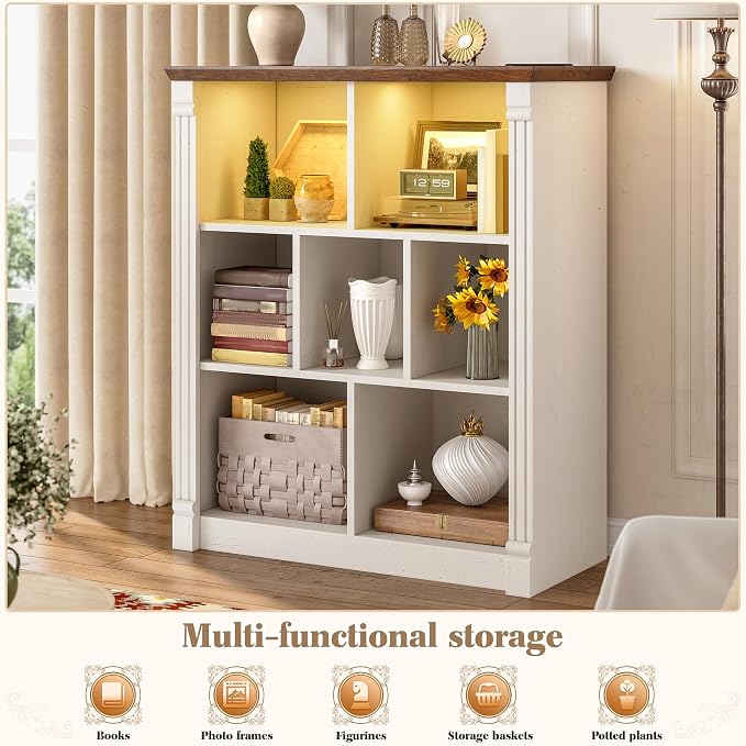 EnHomee 7 Cube Storage Organizer, Small Bookshelf with LED Light and Charging Station, Wood Book Shelf, Farmhouse Bookshelf for Living Room, Bedroom, Home Office,White