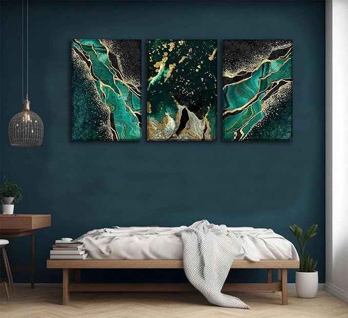 WSTUKVV 3Pcs Green and Gold Wall Art Abstrct Gold Foil Lines Posters Pictures Marble Texture Canvas Prints Dark Green Paintings for Nordic Living Room Bedroom Office Home Wall Decor Ready to Hang
