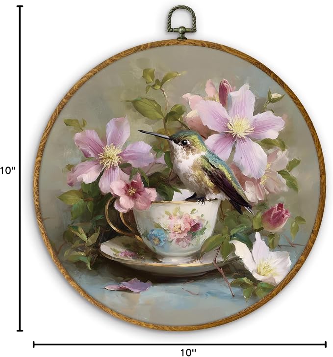 DILSJ Vintage Hummingbird Round Oval Wall Art Decor, Country Flower Bird Canvas Wall Art Framed, Watercolor Hummingbird Hanging Decorations for Home Bedroom Living Room Decor, 10x10 Inch